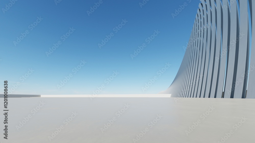 Poster 3d render of abstract modern architecture with empty cement floor, minimal exterior, car presentatio