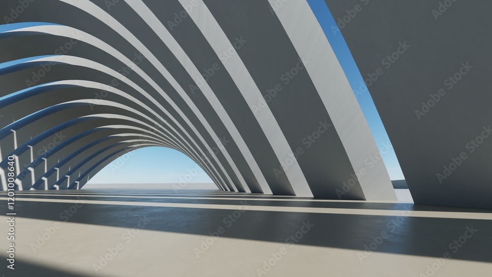 Poster 3d render of abstract modern architecture with empty cement floor, minimal exterior, car presentatio