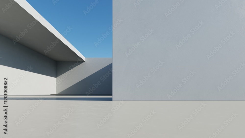 Poster 3d render of abstract modern architecture with empty cement floor, minimal exterior, car presentation background