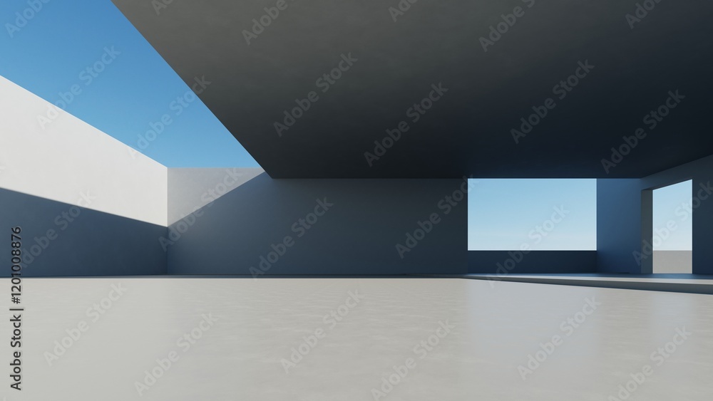 Aufkleber 3d render of abstract modern architecture with empty cement floor, minimal exterior, car presentatio