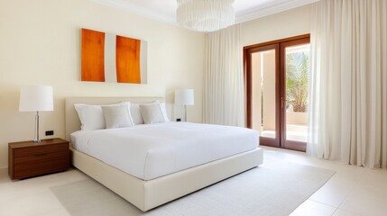 Elegant minimalist bedroom interior with natural light and decor
