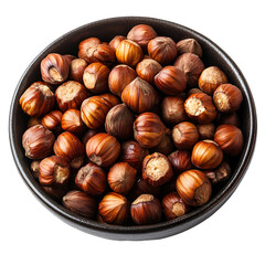 Obraz premium Top view of a hyperrealistic dark bowl of hazelnuts isolated on a white transparent background