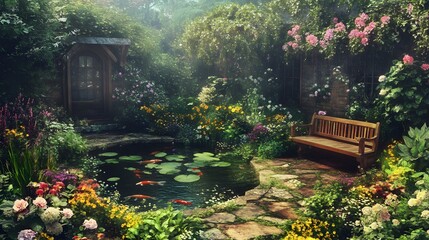 Serene Garden Pond Koi Fish Flowers And Wooden Bench