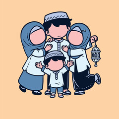 Vector illustration of a young Muslim family. Moms, Dads, Daughter and little Boy who are hugging and Celebrating Ramadhan. The concept of happiness in family life. Flat vector illustrations