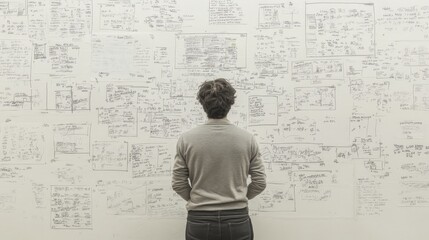 Man contemplating complex equations and formulas covering a large wall.
