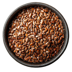 Top view of a hyperrealistic dark bowl of flaxseeds isolated on a white transparent background