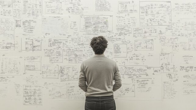 Man contemplating complex equations and formulas covering a large wall.