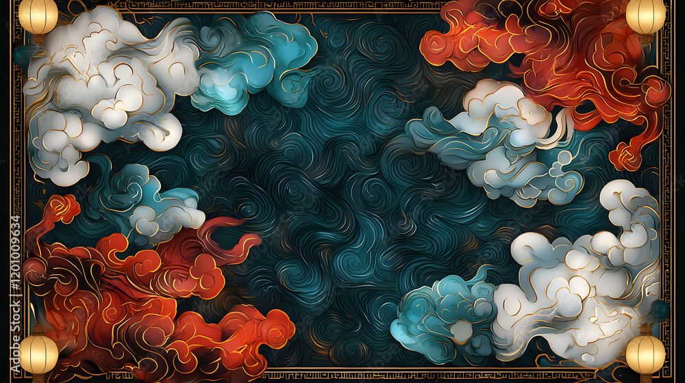 Poster dynamic abstract cloud patterns digital art whimsical design colorful swirls creative space visual i