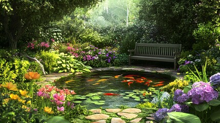 Serene Garden Pond Koi Fish Bench Flowers