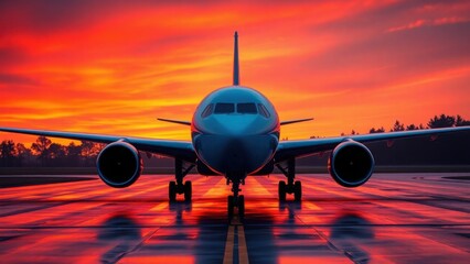Airplane on the runway facing forward with a vibrant orange and red sunset sky in the background.