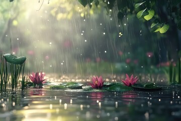 A nature-inspired looping animation of raindrops rippling in a calm pond, creating a peaceful scene.