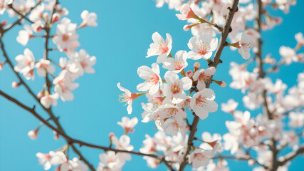 A close-up view of cherry blossom branches, fully bloomed, against a vivid blue sky, shot in 8K resolution with studio lighting for vibrant and crisp details.