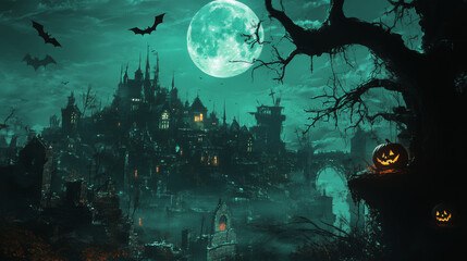 Halloween grunge banner with scary pumpkins and town silhouette. Vector background with moonlit creepy cityscape shrouded in darkness, haunted houses, gnarled trees and bats set stage at horror night
