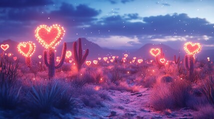 A whimsical desert glowing with pastel pink and red heart-shaped cacti