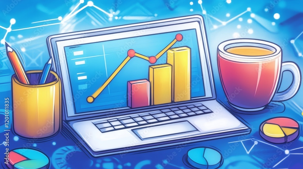 Poster laptop displaying upward trending graphs with beverages and charts