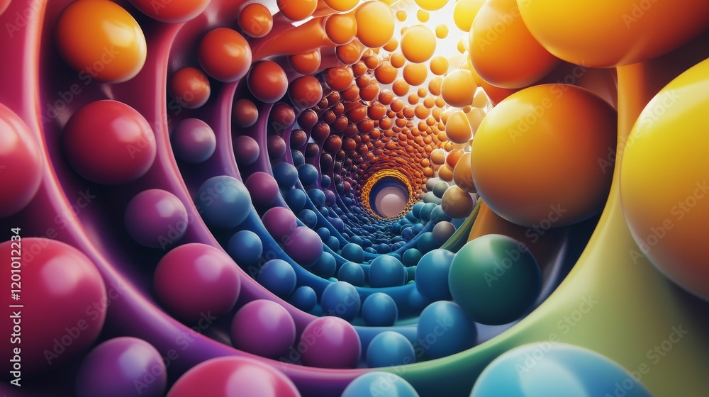 Poster spherical objects create a gradient color tunnel effect.