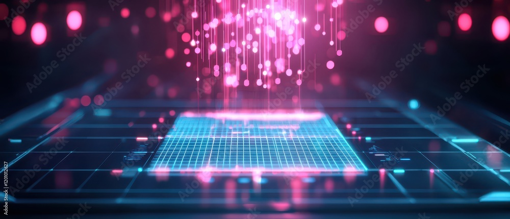 Poster a futuristic digital interface displays a glowing grid and colorful particles.