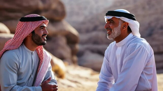 Two men in white and red clothing are sitting on the ground and talking