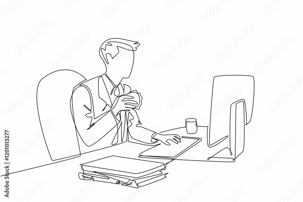 Poster continuous one line drawing businessman typing on keyboard while holding burger in one hand. making 