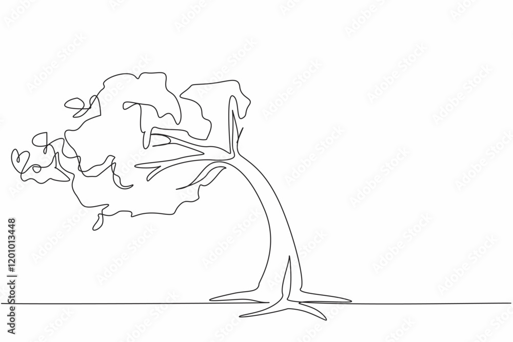 Poster single continuous line drawing a big tree tilted in the strong wind. the leaves also fall. very stro
