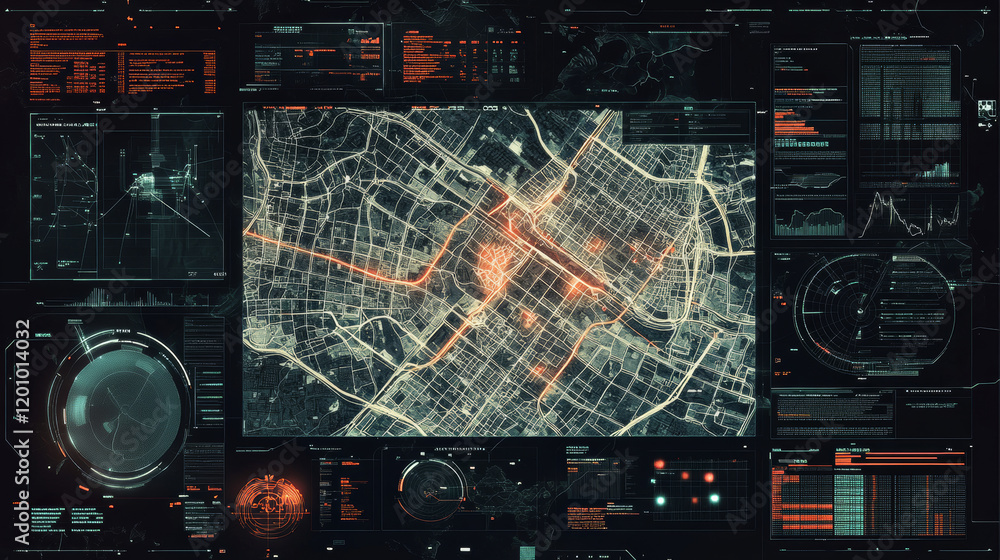 Poster surveillance hud monitor screen, military security or spyware system technology, vector map. hud sur
