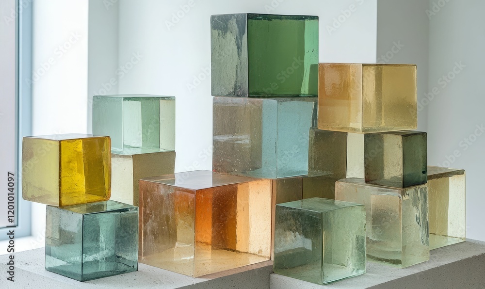 Poster translucent cubes of varying colors stacked on platform.