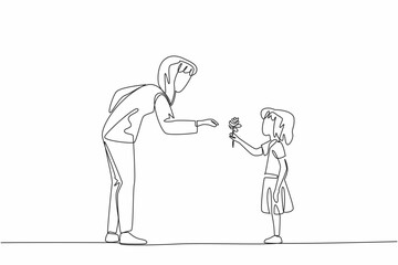 Single continuous line drawing a girl gives a rose to her mother. Express gratitude for the great service through flowers. A sign of love for mom. Good Deeds Day. One line design vector illustration