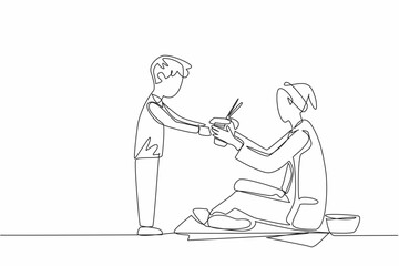 Continuous one line drawing a boy gives noodle box to old male beggar. Cultivating a sense of social sensitivity from an early age. Culture. Good Deeds Day. Single line draw design vector illustration