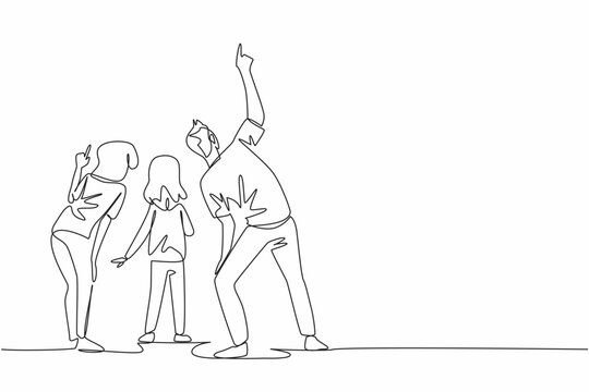 Continuous one line drawing a family gathered as the father pointed upwards. At dawn. Showing the morning star. Venus. Amazing view. Look Up at The Sky Day. Single line draw design vector illustration