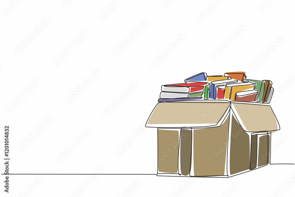 Poster continuous one line drawing cardboard box containing books. arranged very neatly before being donate