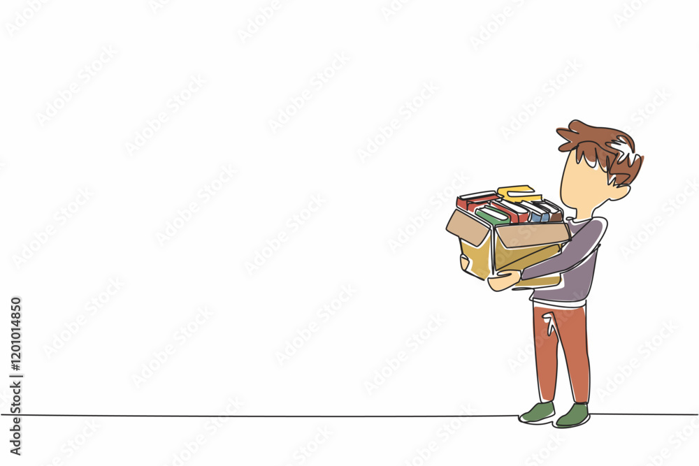 Poster continuous one line drawing a boy carrying cardboard box containing a pile of books. packaged to be 