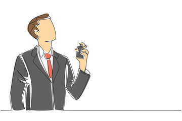 Single one line drawing a young businessman sprays perfume on his neck. Looks very fashionable before meeting an important client. National Perfume Day. Continuous line design graphic illustration