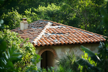 Rustic tile roof house nestled in lush greenery.