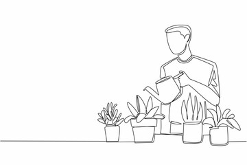 Continuous one line drawing a man watering potted plants using a watering can. A very good hobby for the earth. Greening. Nature. National Gardening Day. Single line draw design vector illustration
