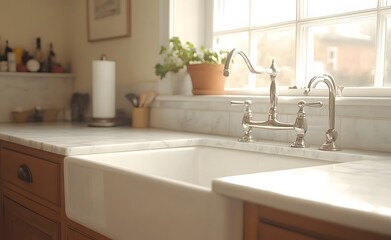 Fototapeta premium Farmhouse Kitchen Sink With Polished Chrome Faucet
