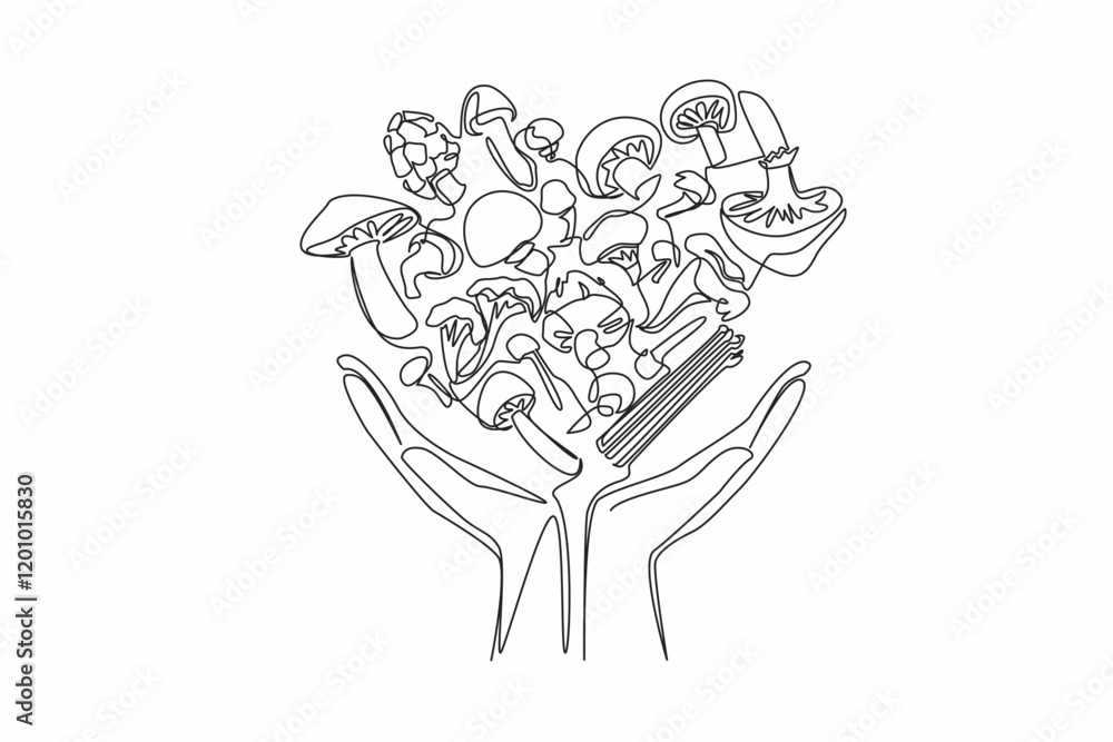 Poster continuous one line drawing 2 hands holding several variants of heart-shaped mushrooms. symbol of co
