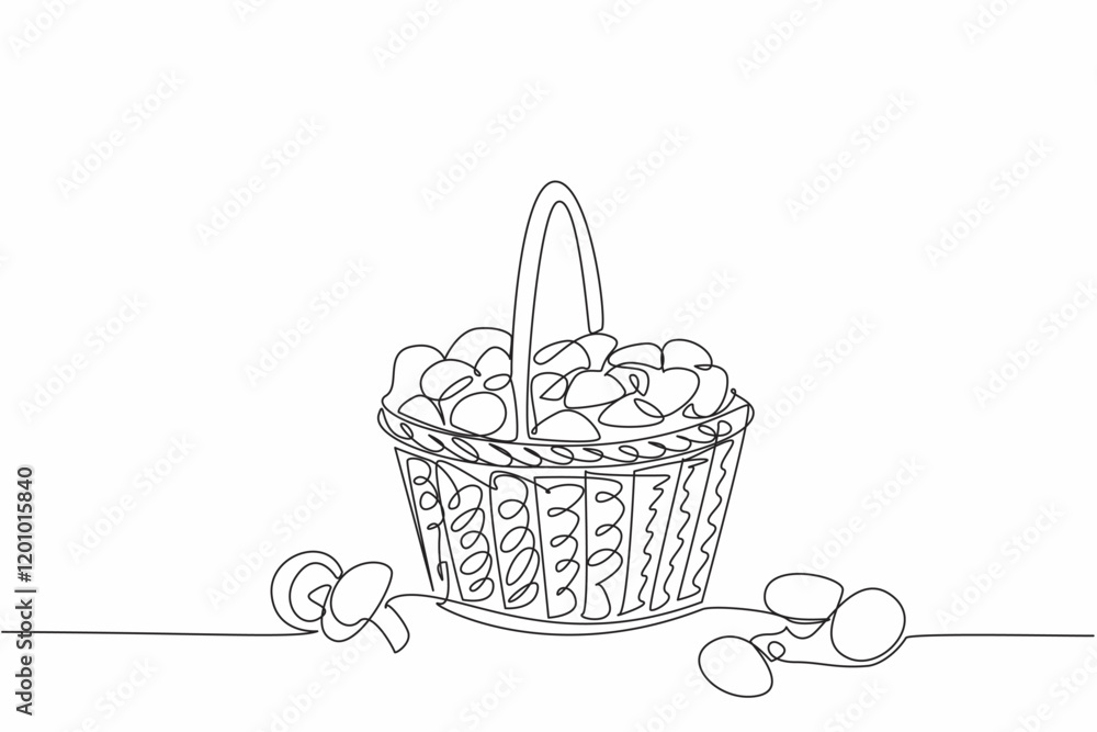 Poster continuous one line drawing woven basket containing piles of various types of mushrooms. harvest wit