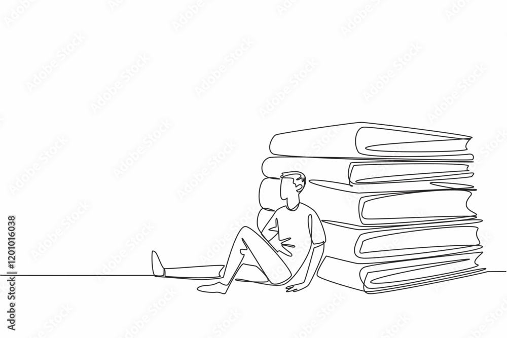 Poster single continuous line drawing a man in casual clothes leaning on a big stack of books. taking a sho