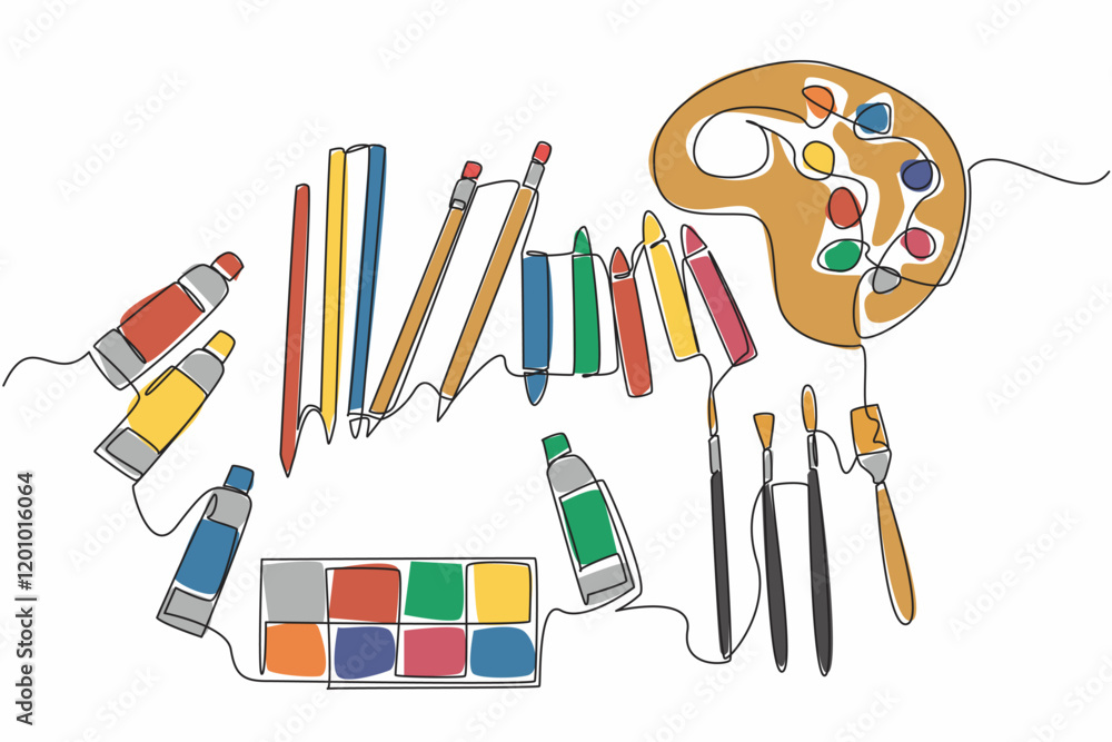Poster single continuous line drawing some of the painting tools needed have been collected. pouring intere