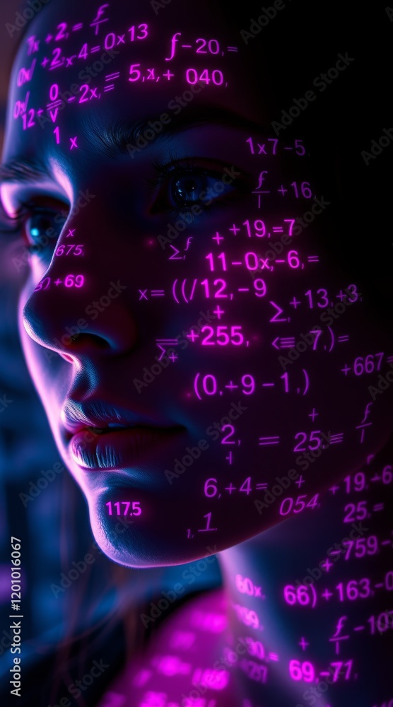 Poster profile of a face with neon mathematical formulas projected in a dark setting