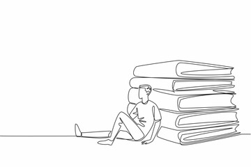 Fototapeta premium Single continuous line drawing a man in casual clothes leaning on a big stack of books. Taking a short break. Straighten sore legs. Officer. National Librarian Day. One line design vector illustration
