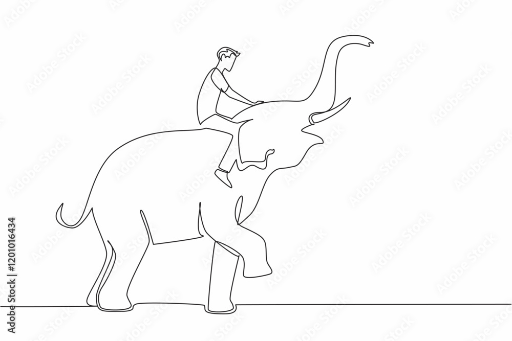 Poster continuous one line drawing a man sitting on standing elephant. riding elephant to be taken back to 