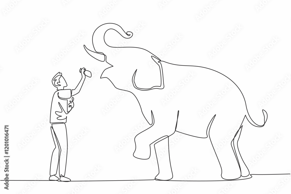 Aufkleber continuous one line drawing a man stands in front of an elephant while putting food into the mouth o