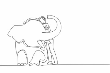 Single one line drawing man in casual clothes standing while hugging sitting elephant. Zookeeper. Taking care of animals with care. Save The Elephant Day. Continuous line design graphic illustration