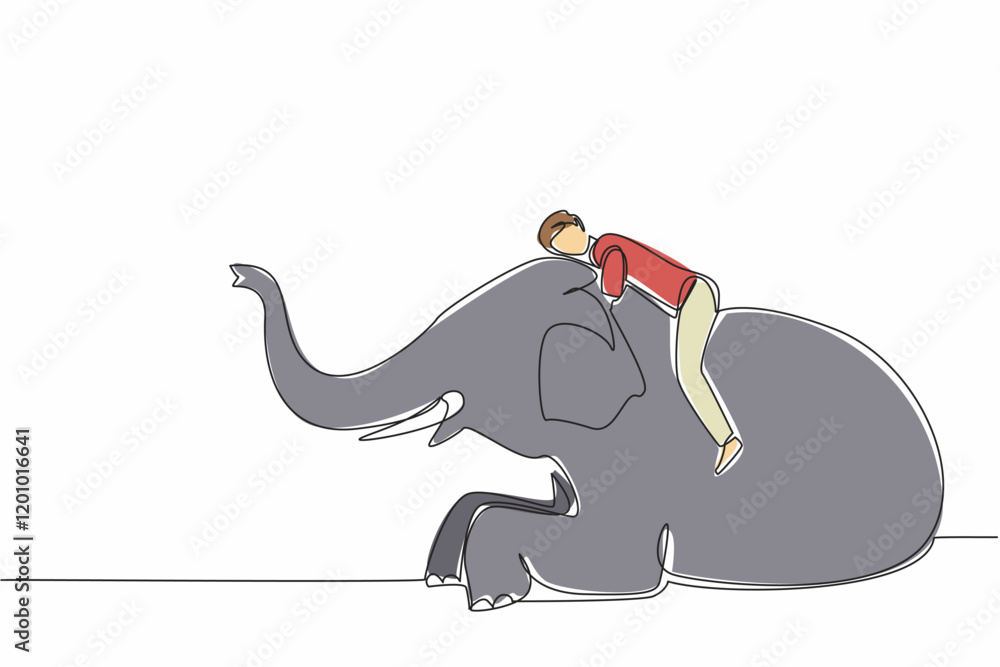 Poster single continuous line drawing a man lying on the back of an elephant who is sitting and hugging his