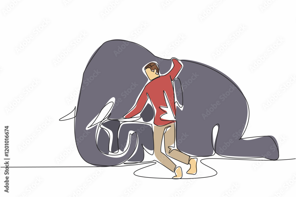 Poster single one line drawing a man hugging neck of sitting elephant. expressions of affection before rele