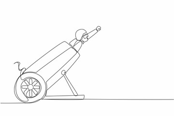 Single continuous line drawing the circus performers inside the cannon wear helmets and put their hands forward. Fun and also a test of courage. World Circus Day. One line design vector illustration