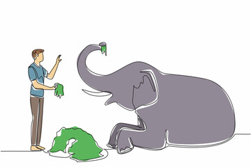 Single continuous line drawing a man standing in front of a sitting elephant holding a pile of grass. Feeding the best quality grass. Care. Save The Elephant Day. One line design vector illustration