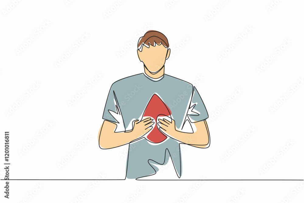 Poster single continuous line drawing a man holds drops of blood with both hands while pointing forward. li