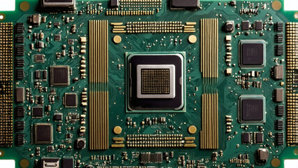 Close-up of a green printed circuit board with electronic components and a microchip